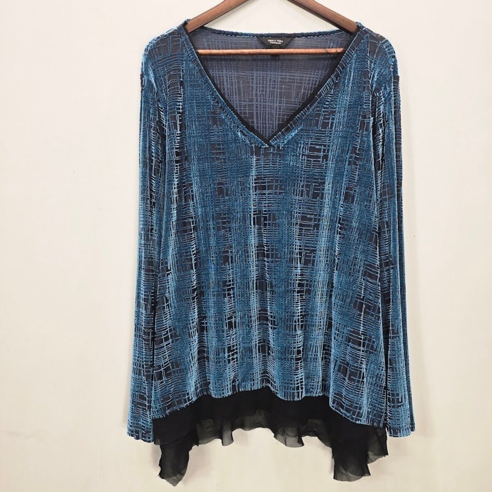 Simply Vera Vera Wang Tunic‎ Top 1X Plaid Velvet Burnout Long Sleeve Semi-Sheer